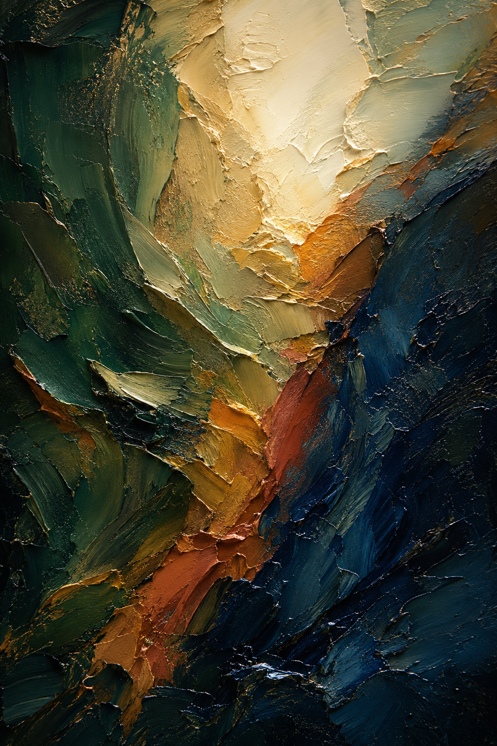 Peinture abstraite en relief, aux couches de vert, bleu nuit, ocre et ivoire