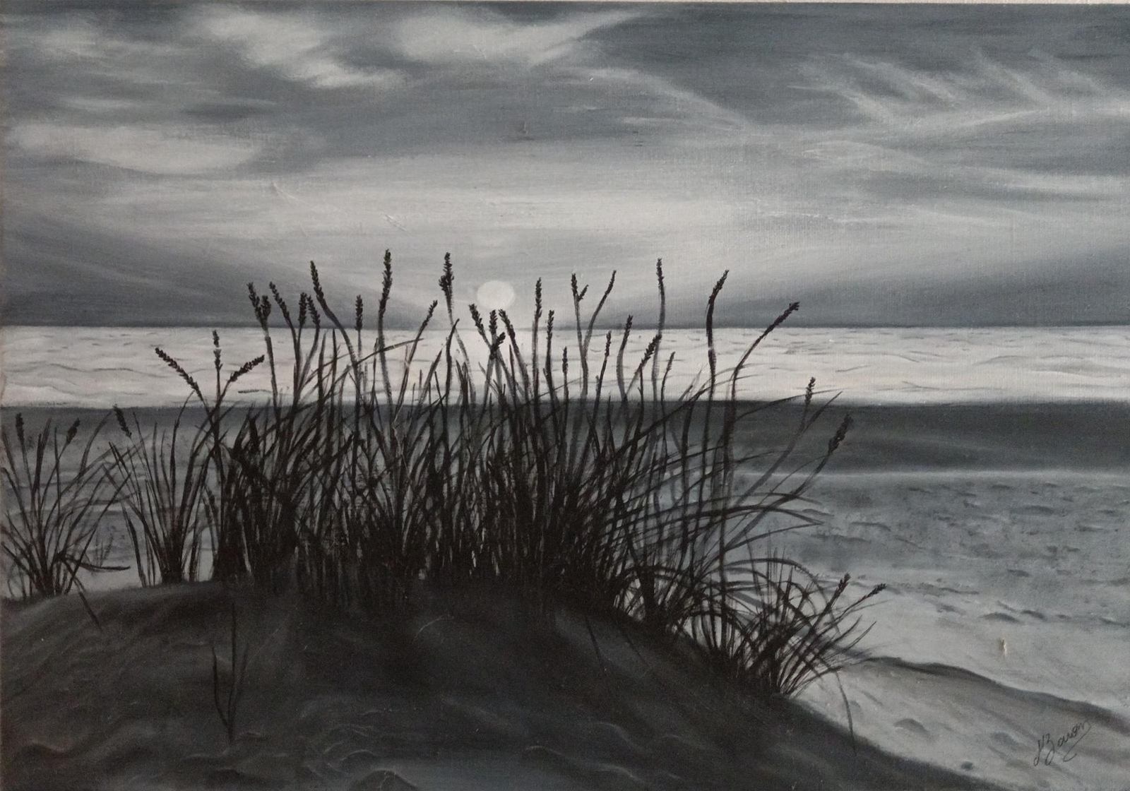 Espoir du lever de soleil, peinture en nuances de gris de Muriel : une lumière se lève derrière les herbes au bord de l’eau